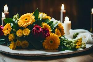 a bouquet of flowers and candles on a table. AI-Generated photo