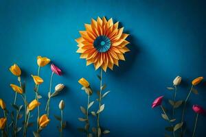 a colorful sunflower is made out of paper on a blue wall. AI-Generated photo