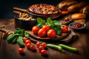 foods on a wooden table with bread, tomatoes, and other ingredients. AI-Generated photo