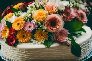 a wedding cake with colorful flowers on top. AI-Generated photo