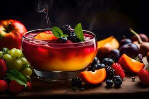 a bowl of fruit and berries with smoke. AI-Generated photo