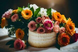 a wedding cake with colorful flowers on top. AI-Generated photo