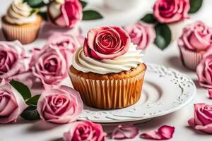 magdalena con crema y rosado rosas en un blanco lámina. generado por ai foto