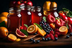 various fruits and vegetables in jars and on a table. AI-Generated photo