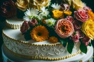 un Boda pastel con vistoso flores en cima. generado por ai foto