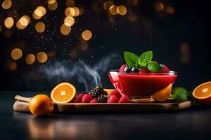a bowl of fruit and berries with smoke and light. AI-Generated photo
