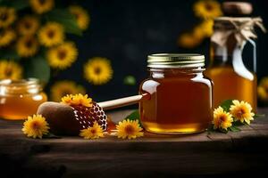 honey and sunflowers on a wooden table. AI-Generated photo