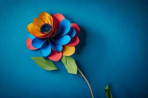 un vistoso flor hecho desde papel en un azul antecedentes. generado por ai foto