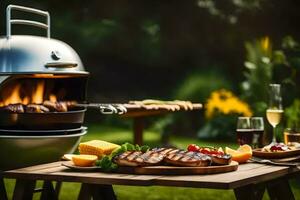a grill with food on it and wine glasses on a table. AI-Generated photo