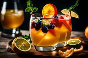 dos lentes de naranja jugo con Fruta y menta hojas. generado por ai foto