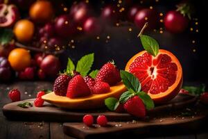 fresh fruits on a wooden cutting board. AI-Generated photo