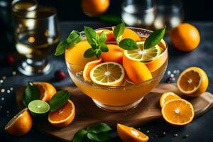 naranja jugo cóctel con menta hojas y rebanadas de naranjas generado por ai foto
