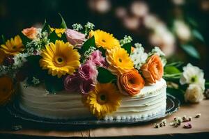 a white cake with flowers on top. AI-Generated photo