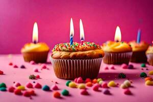 a cupcake with candles on it and sprinkles. AI-Generated photo