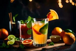 two glasses of orange juice with lime and mint. AI-Generated photo
