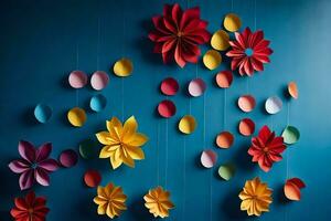 colorful paper flowers hanging from a blue wall. AI-Generated photo