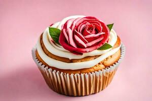 cupcake with a pink rose on a pink background. AI-Generated photo