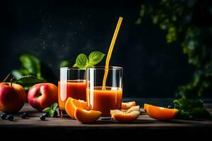 a glass of juice with apples and oranges. AI-Generated photo