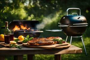 a grill with food and wine on it. AI-Generated photo
