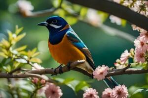 a blue and orange bird sits on a branch. AI-Generated photo