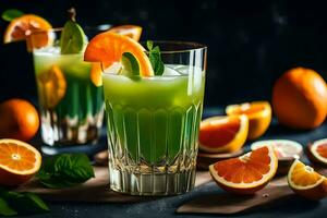 two glasses of green drink with oranges and slices. AI-Generated photo