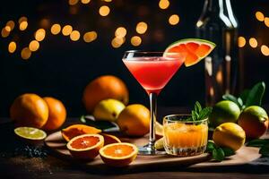 a cocktail with oranges and limes on a wooden table. AI-Generated photo