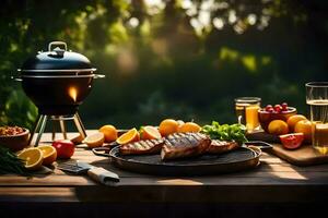 grill with steak, fruit and vegetables on a table. AI-Generated photo