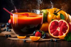 fresh fruit juice with steam and fruits. AI-Generated photo