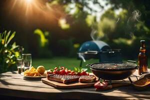 grilling steak and vegetables on a table in the garden. AI-Generated photo