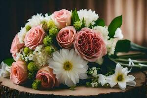 a bouquet of pink and white flowers sitting on a wooden table. AI-Generated photo