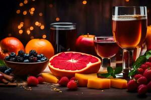 a glass of wine, fruit and cheese on a wooden table. AI-Generated photo