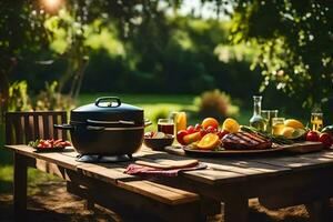 a table with a grill, fruit and vegetables. AI-Generated photo