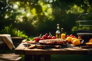 grilling food on a table in the garden. AI-Generated photo