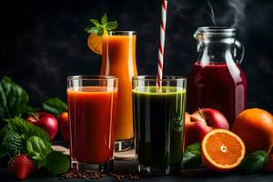 juice and smoothies on a dark background. AI-Generated photo
