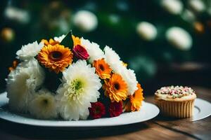 a bouquet of flowers and a cupcake on a table. AI-Generated photo
