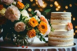 a wedding cake with orange and white flowers on a table. AI-Generated photo