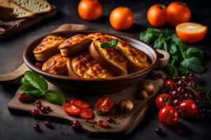 baked bread with cheese and tomatoes on a wooden board. AI-Generated photo