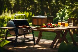 a barbecue grill on a wooden table with food on it. AI-Generated photo