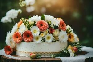 a white cake with orange and white flowers. AI-Generated photo