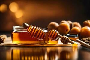 honey and honeycomb on a wooden table. AI-Generated photo