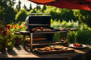 un parilla parrilla en un de madera mesa con un rojo sombrilla. generado por ai foto