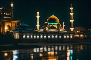 the mosque at night with its lights on. AI-Generated photo