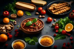 chili and beans in a bowl, bread, cheese, tomatoes, olives, bread,. AI-Generated photo
