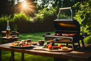 a barbecue grill with food on it in the garden. AI-Generated photo