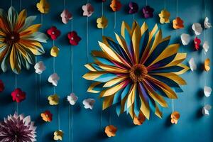 a wall with paper flowers and a blue background. AI-Generated photo