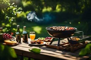 a barbecue grill with food and drinks on a table. AI-Generated photo
