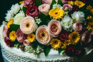 a close up of a white cake with flowers. AI-Generated photo