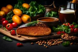 food on a cutting board with vegetables and nuts. AI-Generated photo