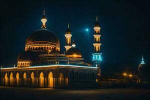 the mosque at night with lights on. AI-Generated photo