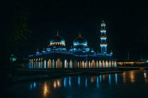 el mezquita a noche con azul luces. generado por ai foto